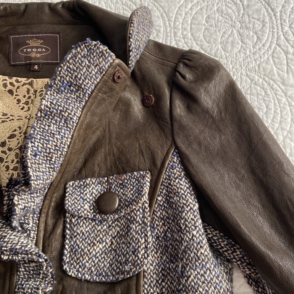 Tocca Leather Blazer Tweed Hourglass Notched Lapels Brown Blue Gray 4 Or S - Picture 4 of 17